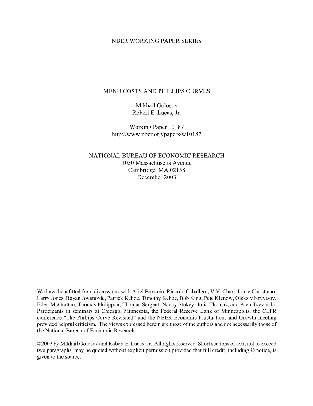 NBER WORKING PAPER SERIES MENU COSTS and PHILLIPS CURVES Mikhail Golosov