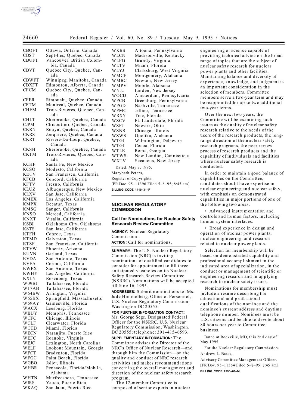 Federal Register / Vol. 60, No. 89 / Tuesday, May 9, 1995 / Notices