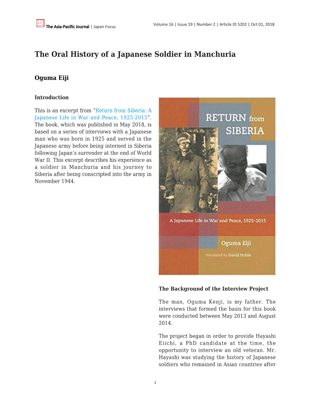 The Oral History of a Japanese Soldier in Manchuria