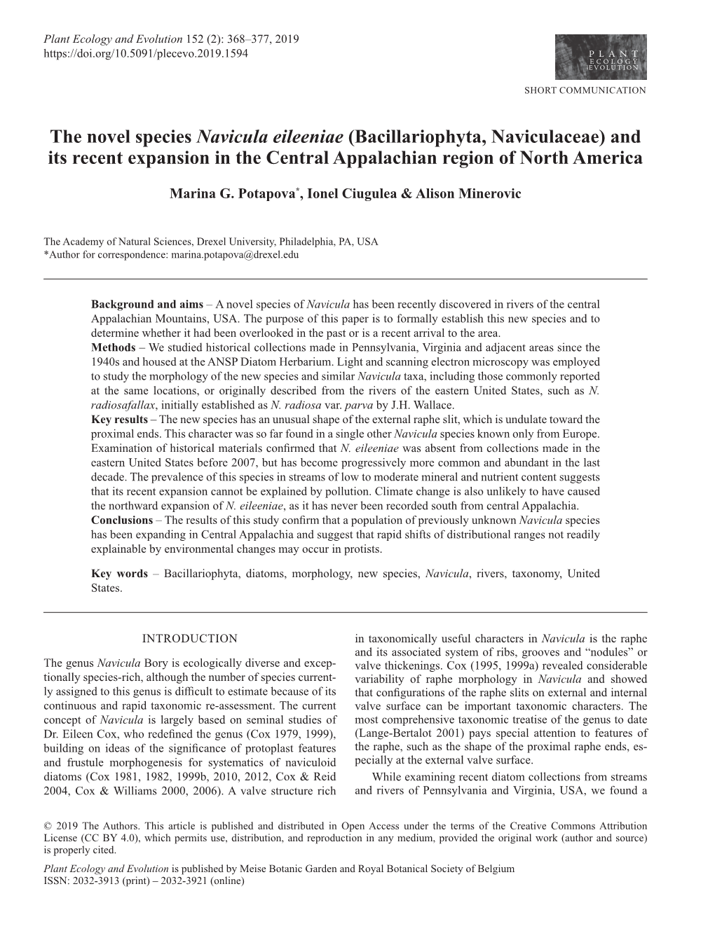 The Novel Species Navicula Eileeniae (Bacillariophyta, Naviculaceae) and Its Recent Expansion in the Central Appalachian Region of North America