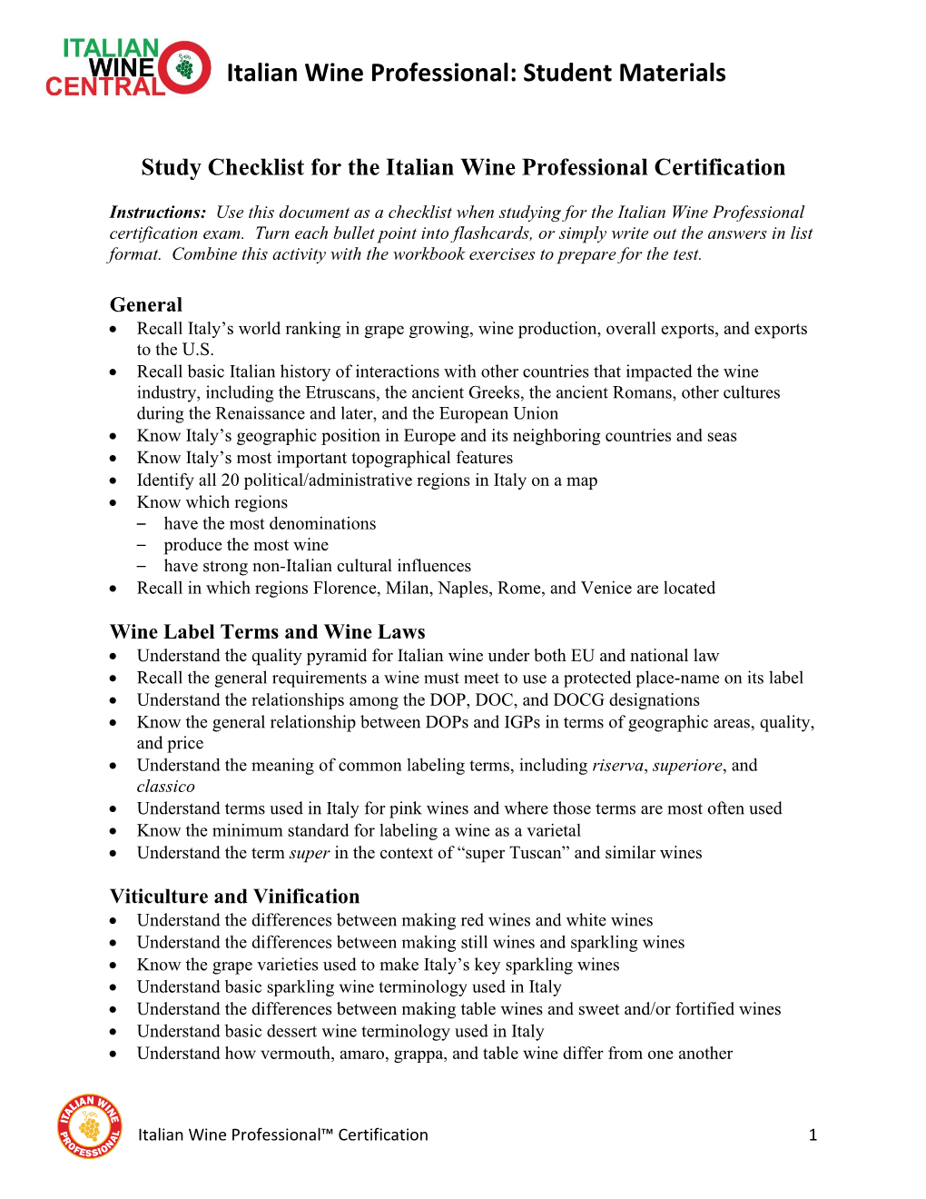 Study Checklist for the Italian Wine Professional Certification