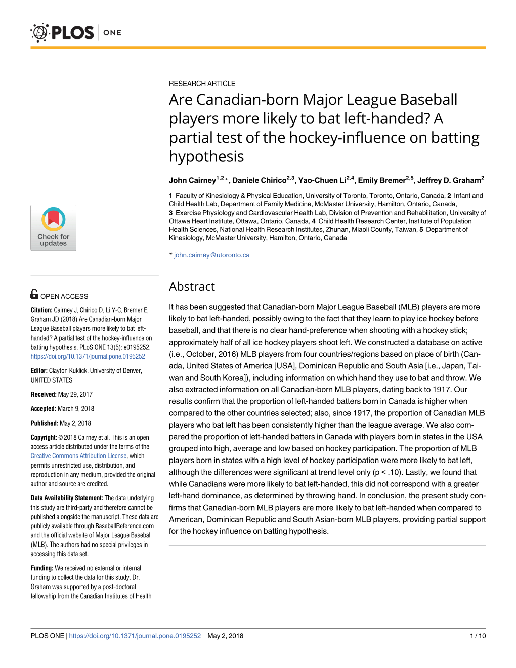 Are Canadian-Born Major League Baseball Players More Likely to Bat Left-Handed? a Partial Test of the Hockey-Influence on Batting Hypothesis