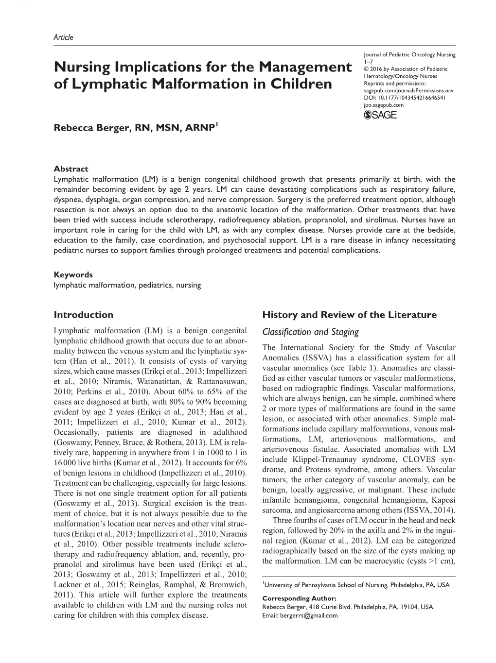 Nursing Implications for the Management of Lymphatic Malformation in Children