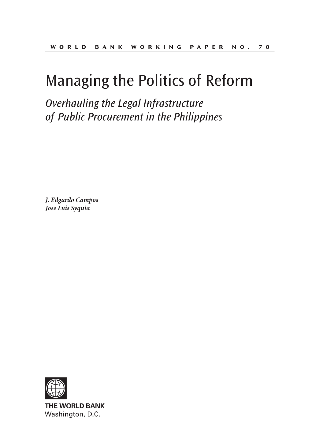 Managing the Politics of Reform Overhauling the Legal Infrastructure of Public Procurement in the Philippines