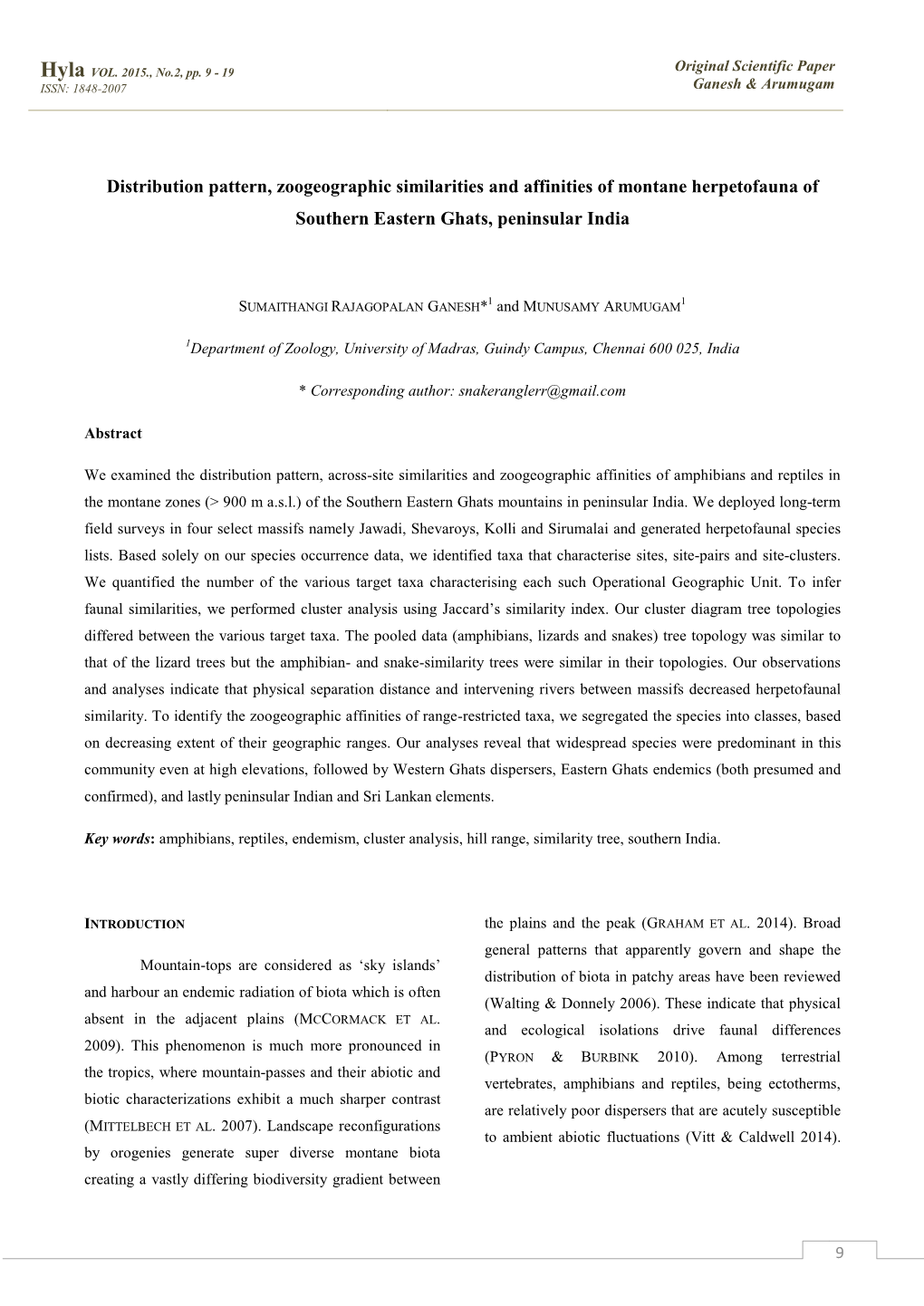 Distribution Pattern, Zoogeographic Similarities and Affinities of Montane Herpetofauna of Southern Eastern Ghats, Peninsular India