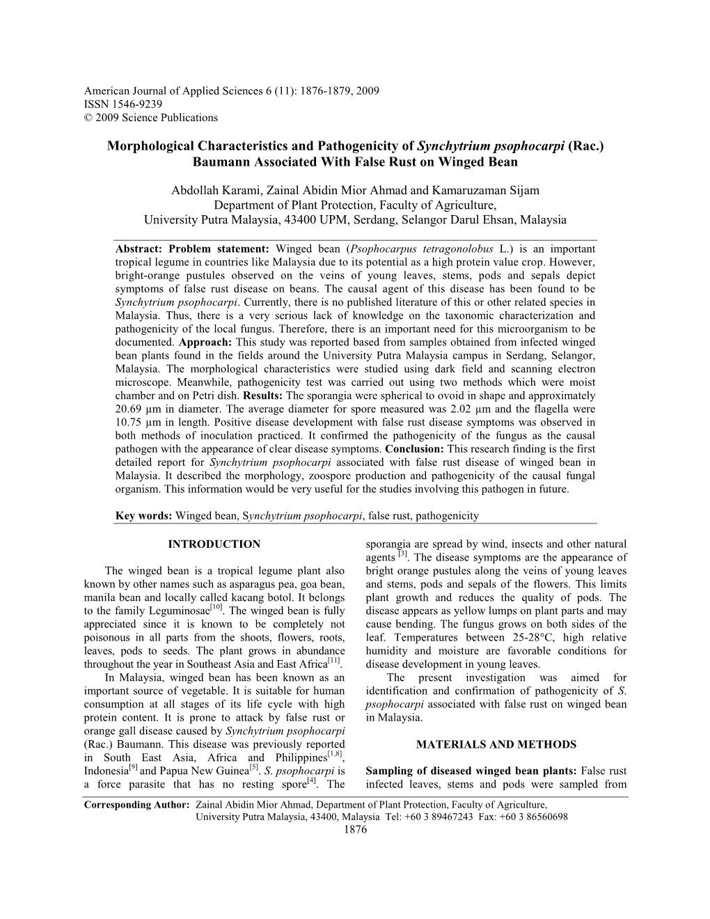 Morphological Characteristics and Pathogenicity of Synchytrium Psophocarpi (Rac.) Baumann Associated with False Rust on Winged Bean