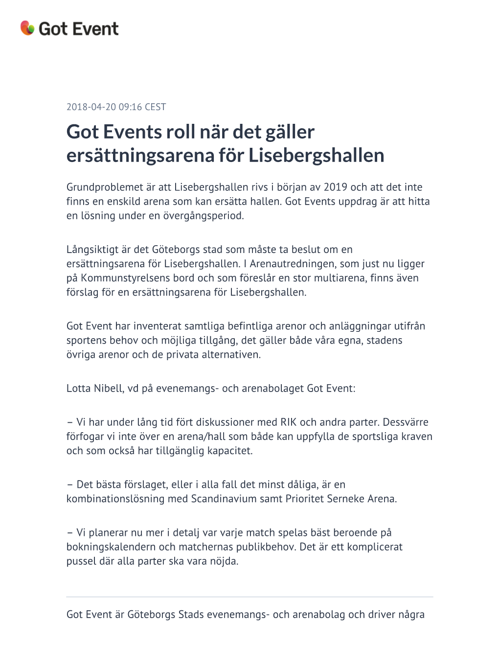 Got Events Roll När Det Gäller Ersättningsarena För Lisebergshallen