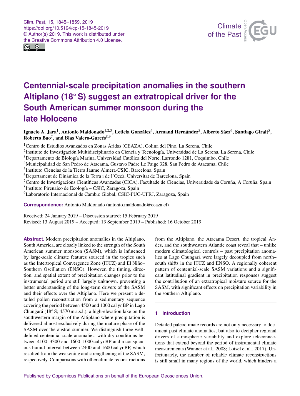 Centennial-Scale Precipitation Anomalies in the Southern Altiplano