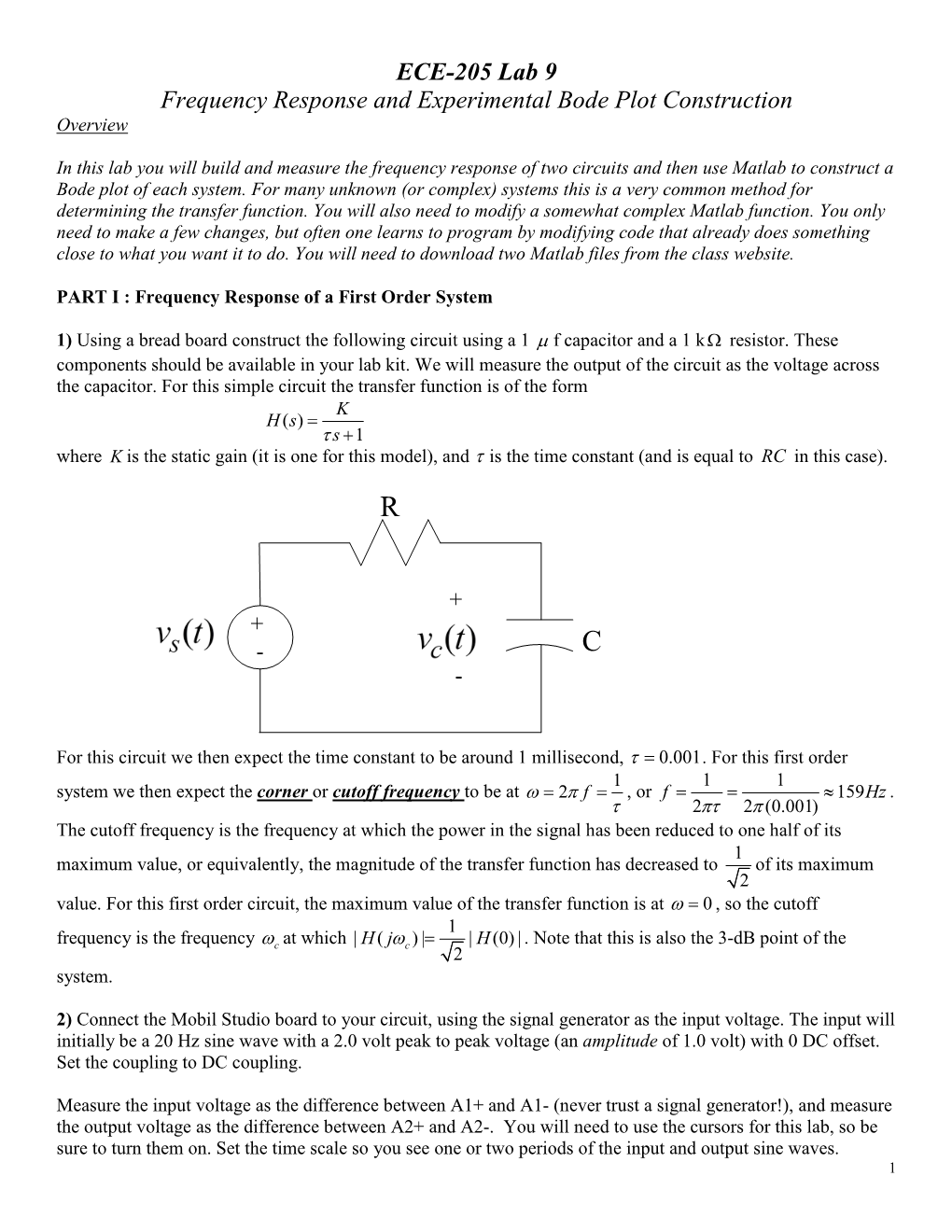 ECE-205 Lab 9 Frequency Response and Experimental Bode Plot Construction Overview