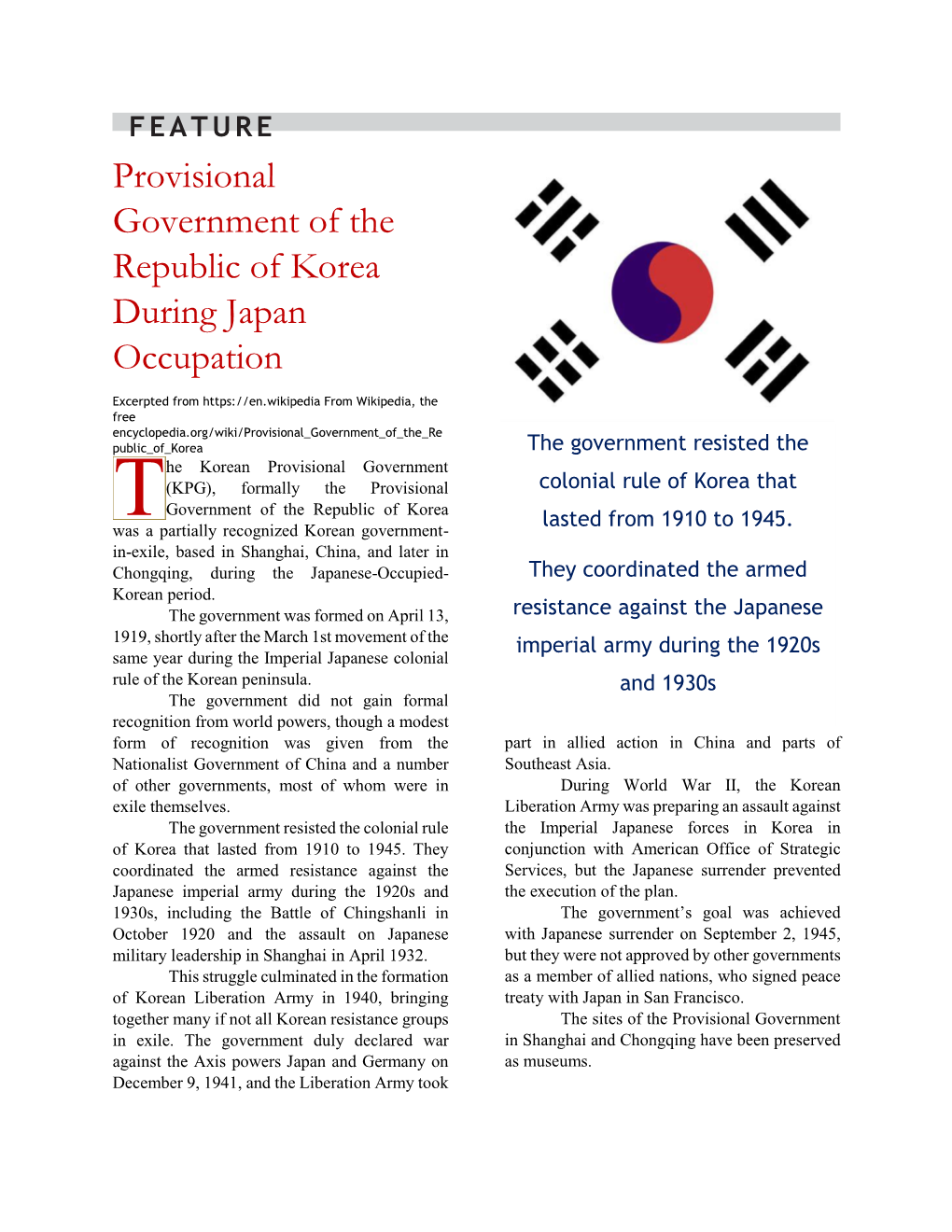 Provisional Government of the Republic of Korea During Japan Occupation