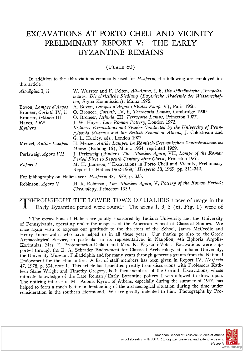 Excavations at Porto Cheli and Vicinity Preliminary