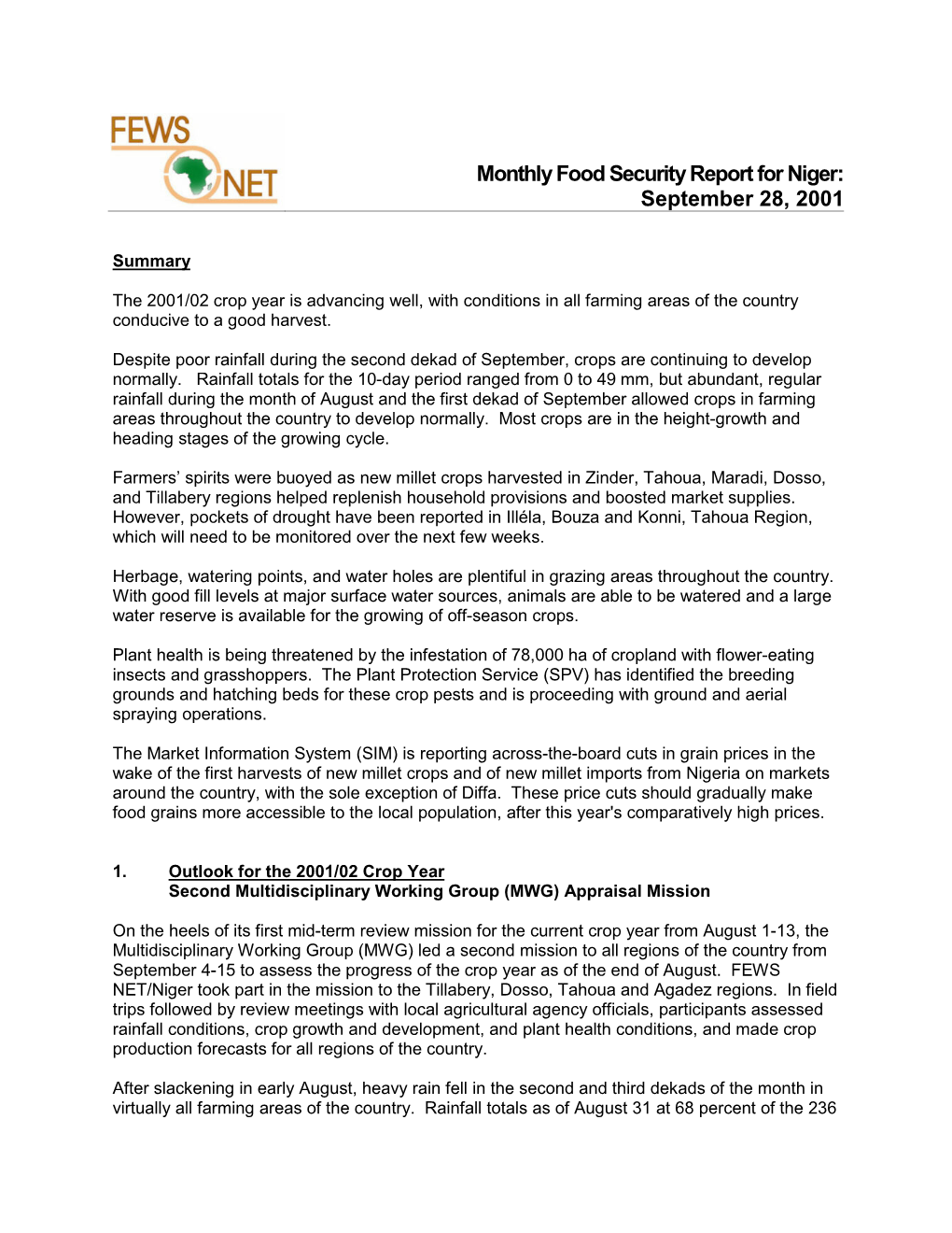 Monthly Food Security Report for Niger: September 28, 2001