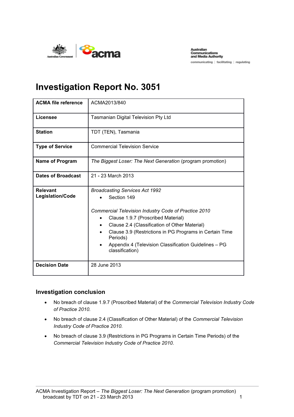 TDT (TEN) - ACMA Investigation Report 3051