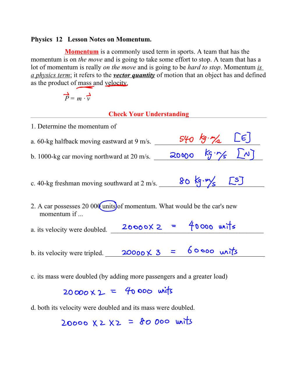 Physics 12 Lesson Notes on Momentum