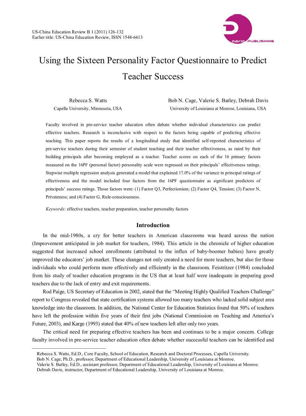 Using the Sixteen Personality Factor Questionnaire to Predict Teacher Success