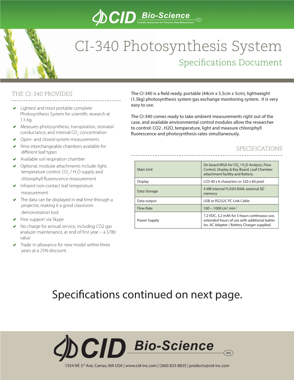 CI-340 Photosynthesis System Specifications Document