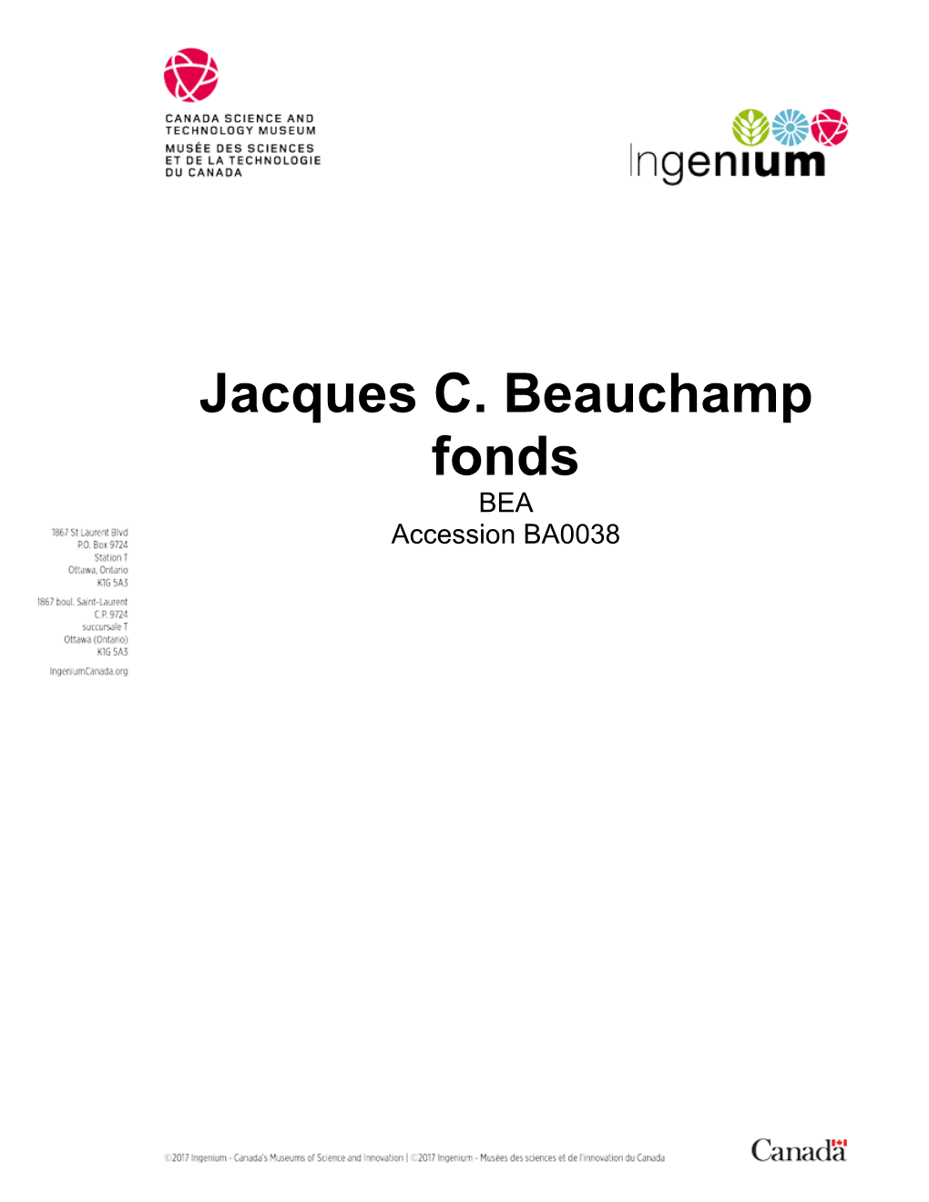 Jacques C. Beauchamp Fonds BEA Accession BA0038 1