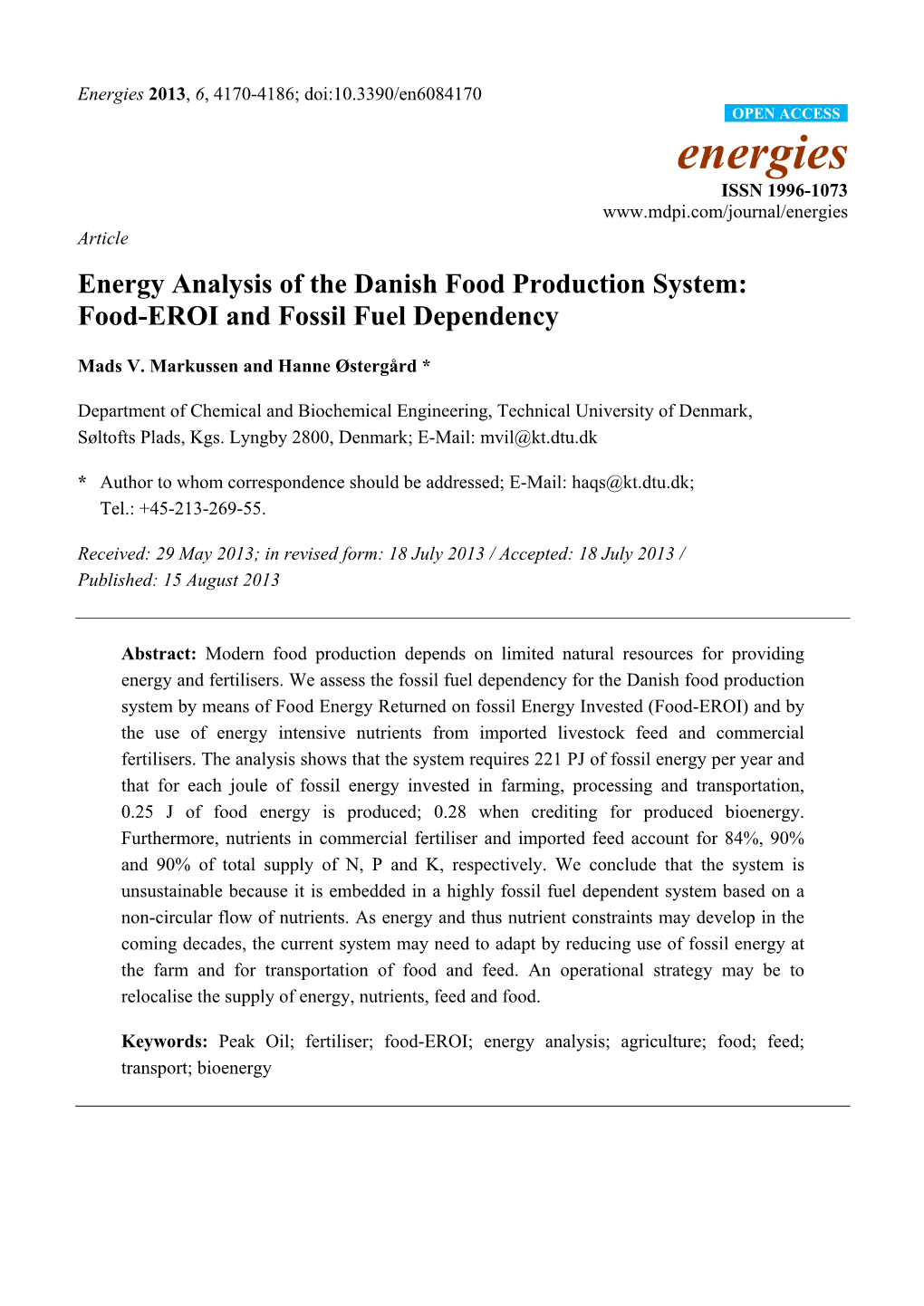 Energy Analysis of the Danish Food Production System: Food-EROI and Fossil Fuel Dependency