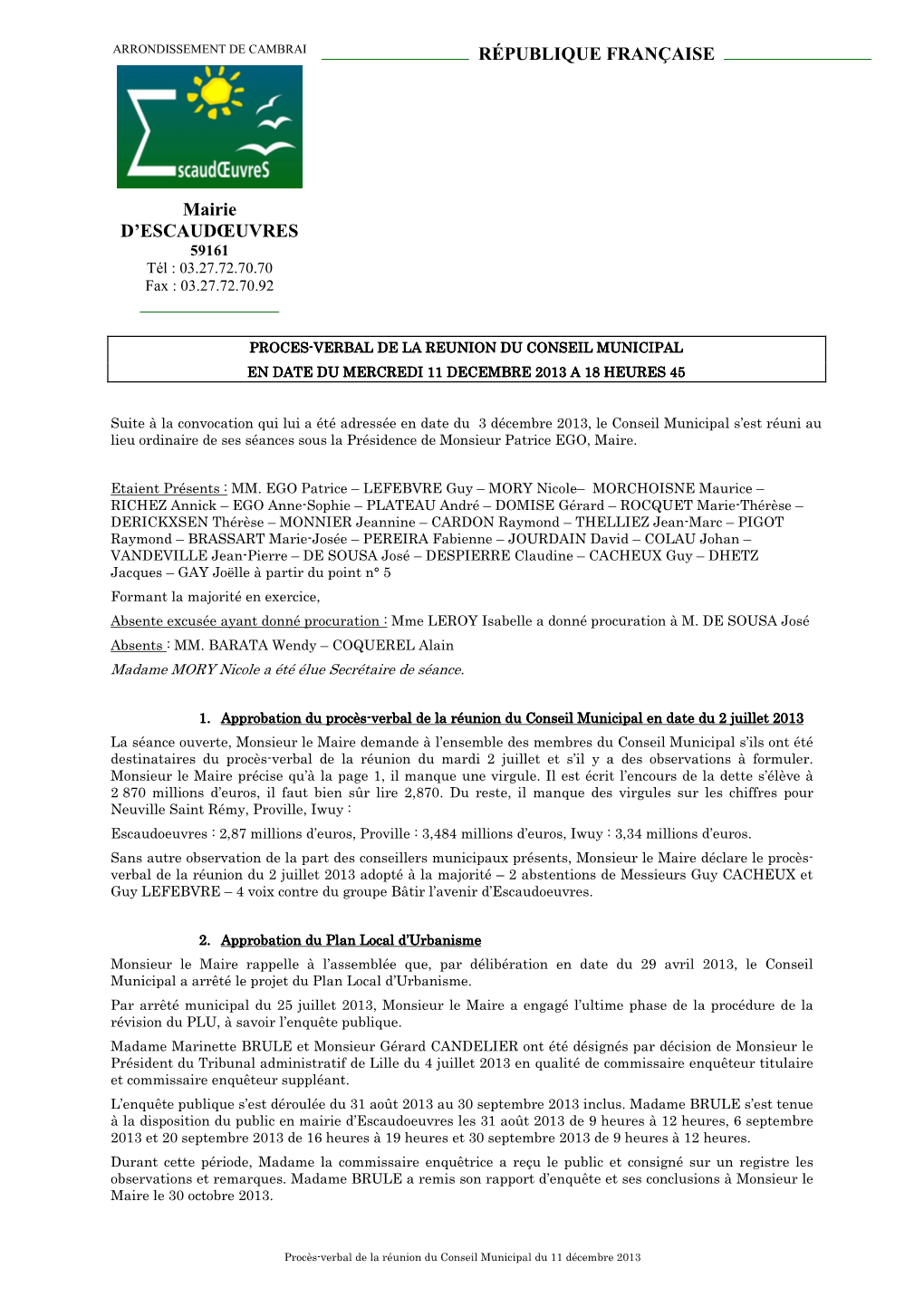 Procès-Verbal De La Réunion Du Conseil Municipal Du 11 Décembre 2013 2