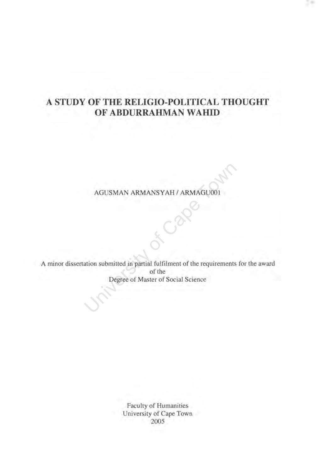 A Study of the Religio-Political Thought of Abdurrahman Wahid