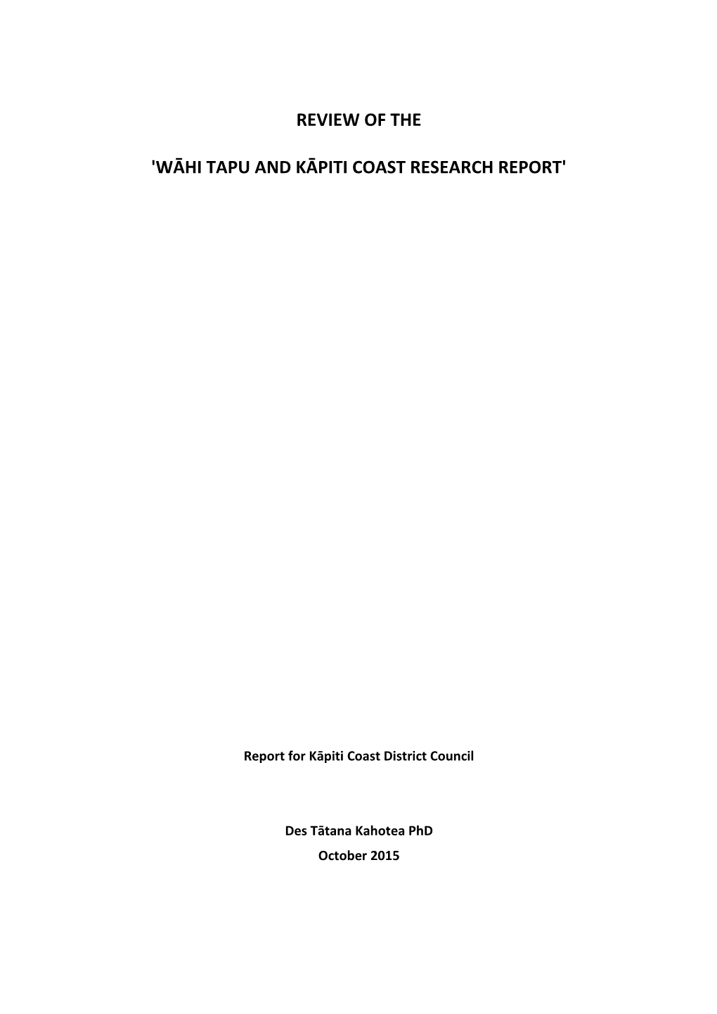 Wāhi Tapu and Kāpiti Coast Research Report'