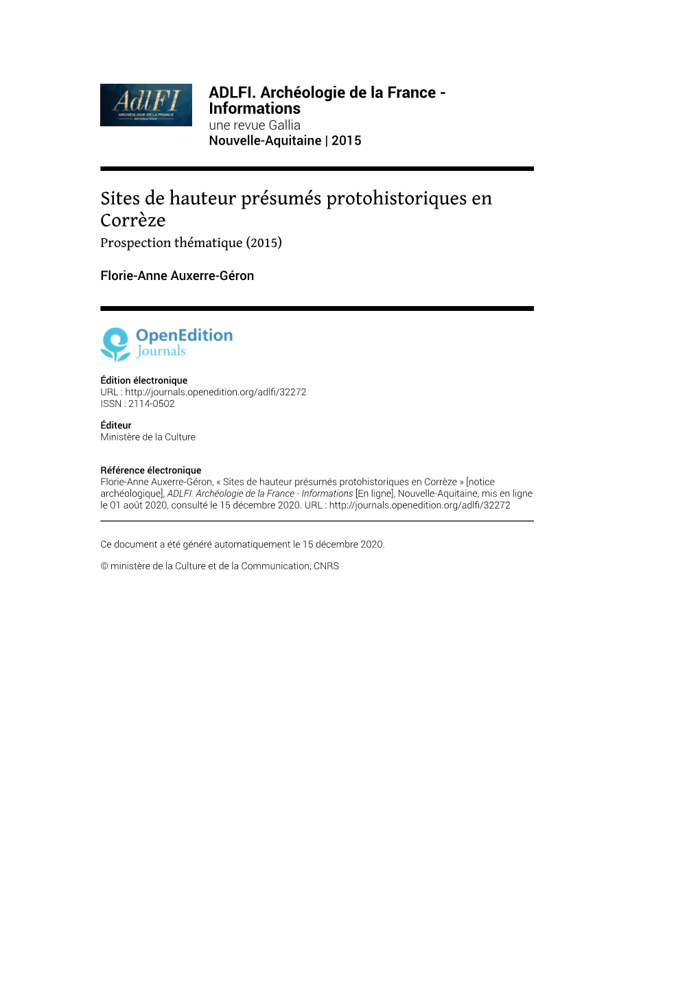 ADLFI. Archéologie De La France - Informations Une Revue Gallia Nouvelle-Aquitaine | 2015