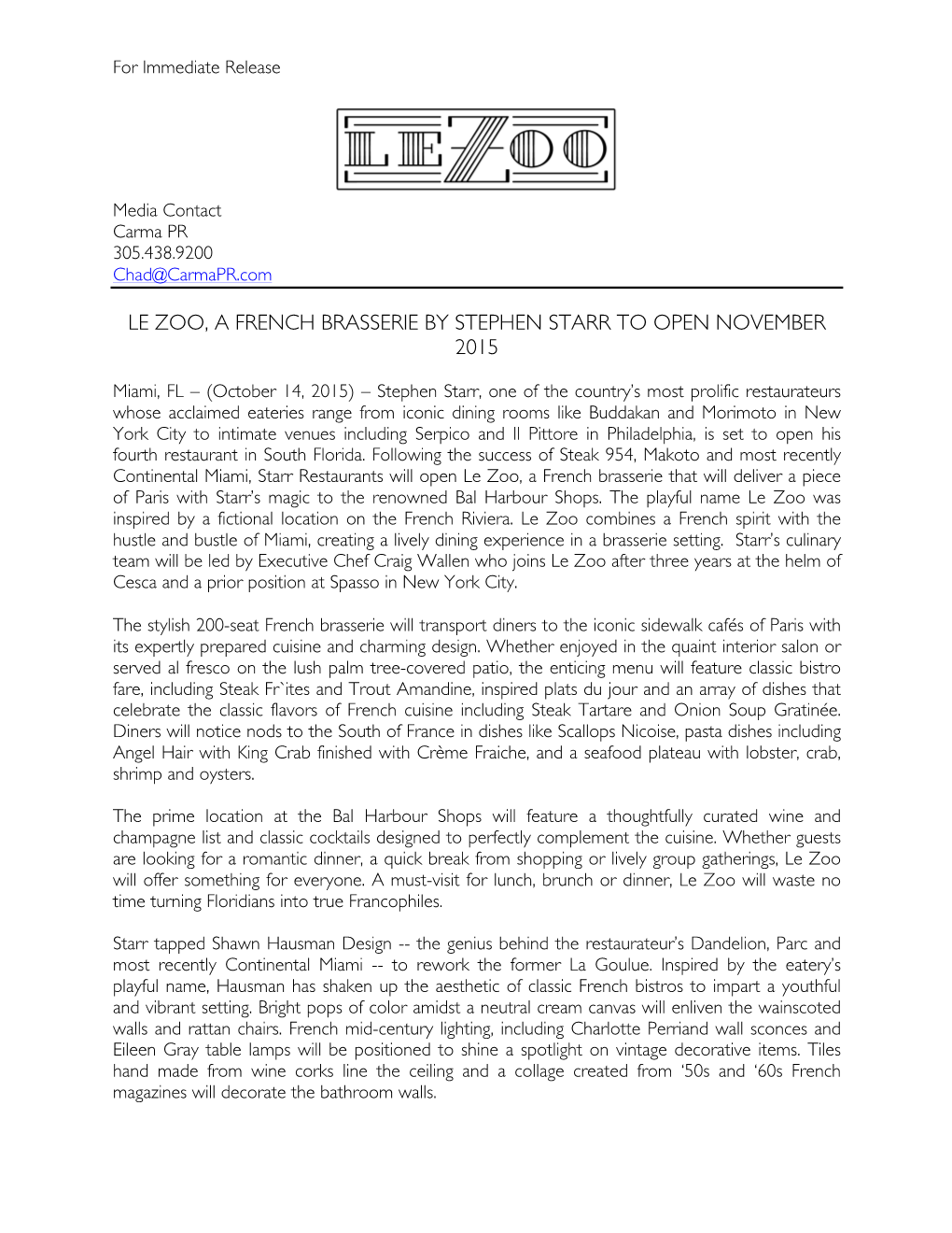 Le Zoo, a French Brasserie by Stephen Starr to Open November 2015