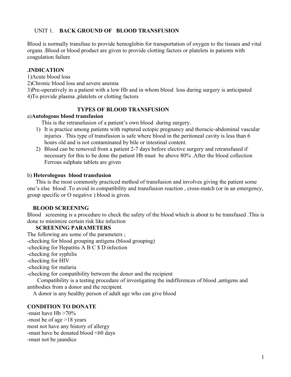 Unit 1. Back Ground of Blood Transfusion