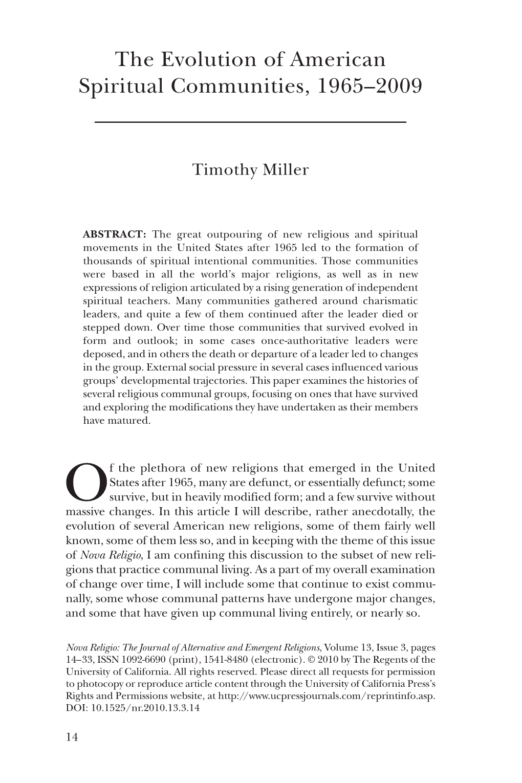 The Evolution of American Spiritual Communities, 1965–2009