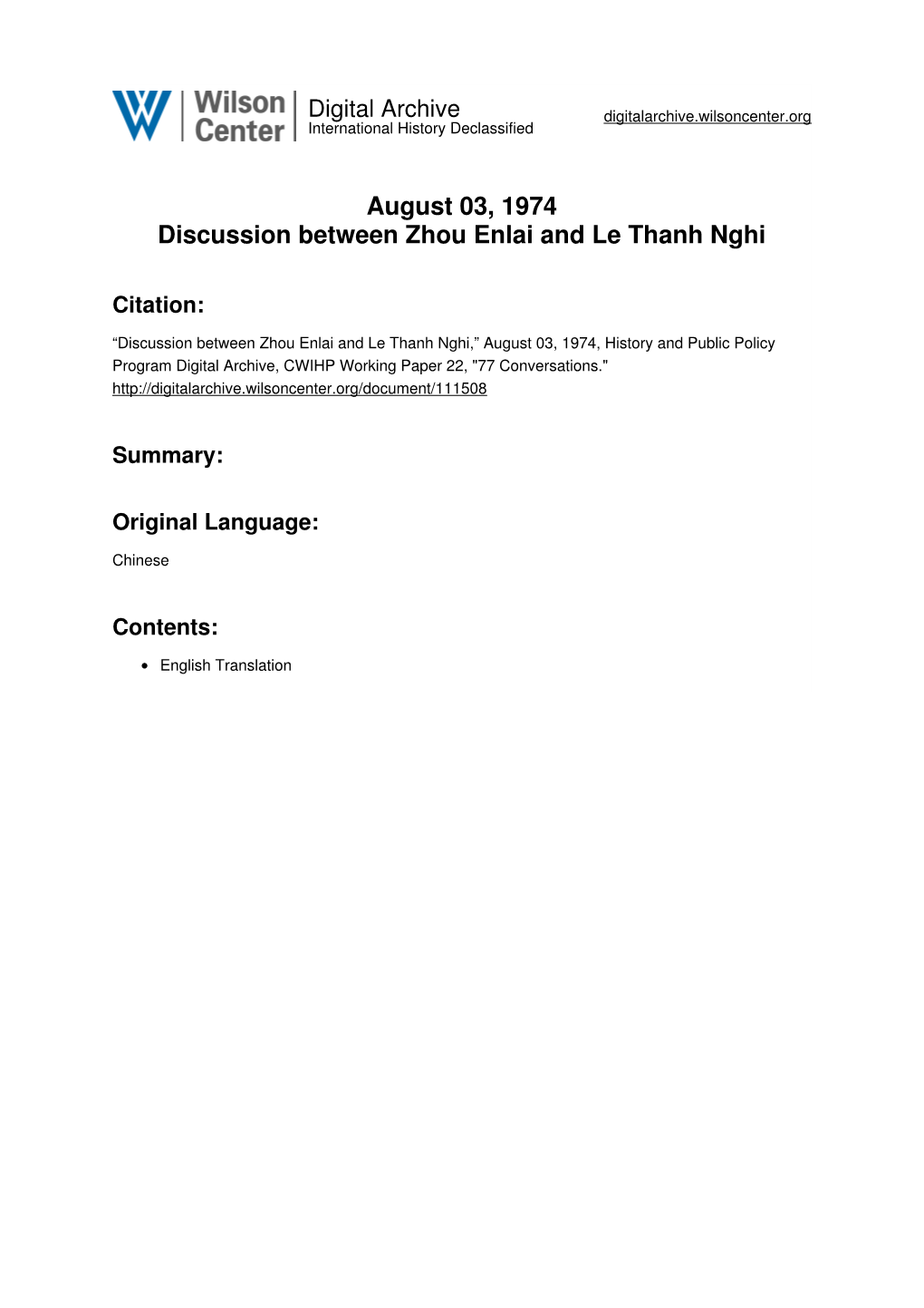 August 03, 1974 Discussion Between Zhou Enlai and Le Thanh Nghi