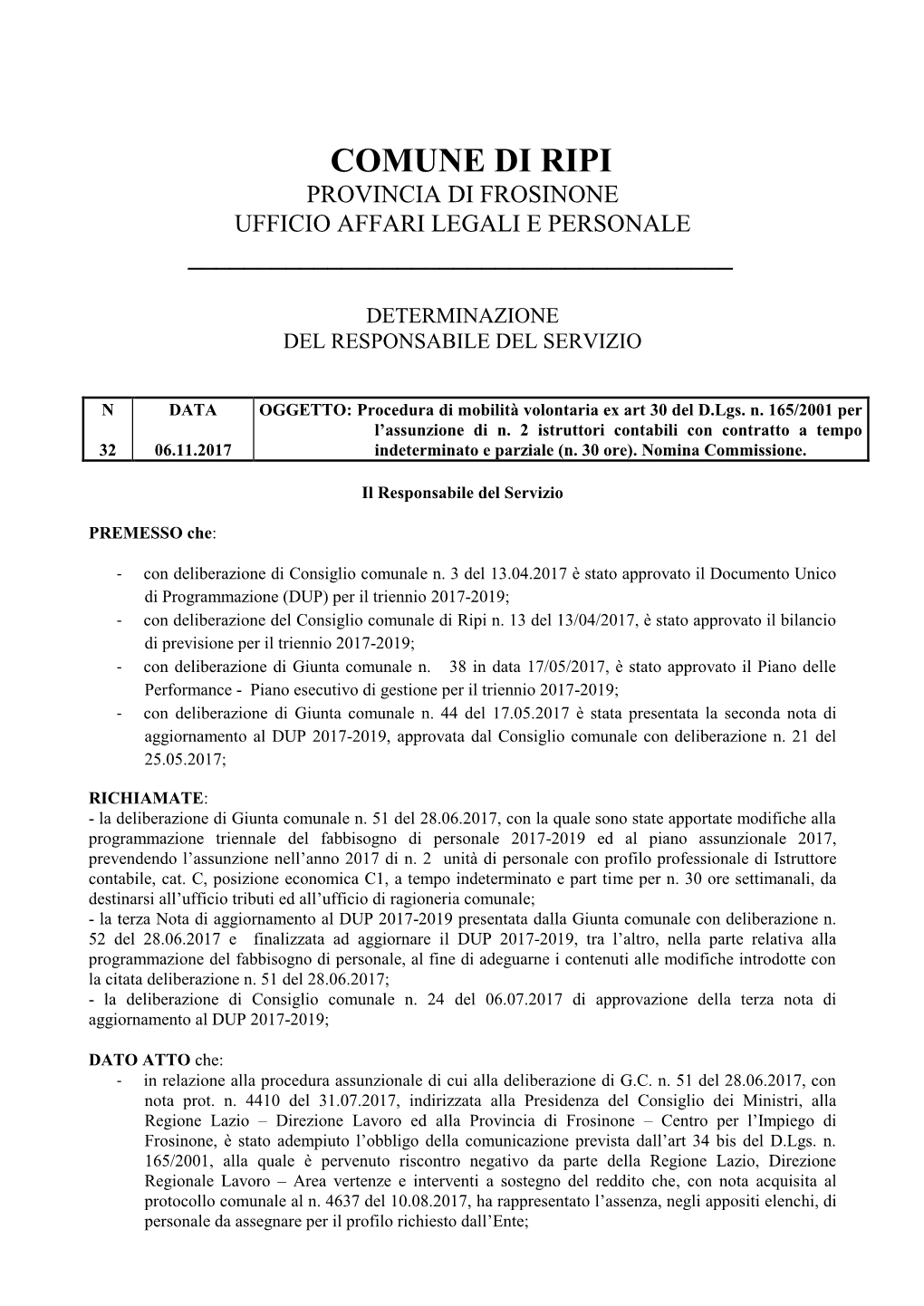 Comune Di Ripi Provincia Di Frosinone Ufficio Affari Legali E Personale ______