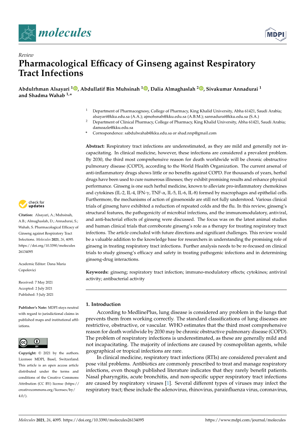 Pharmacological Efficacy of Ginseng Against Respiratory Tract Infections