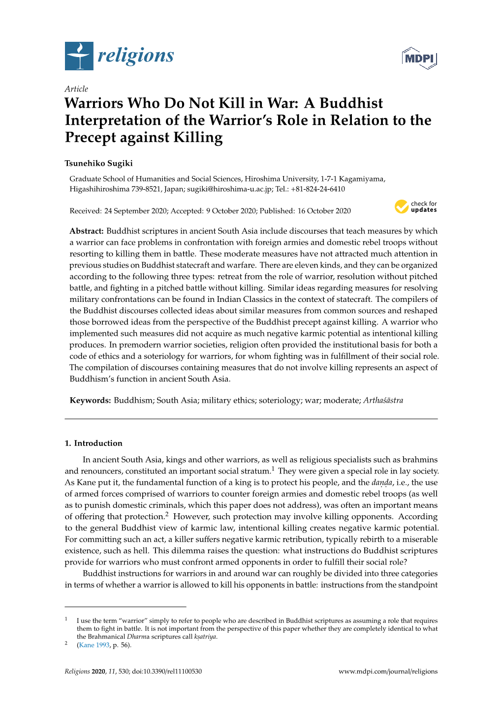 Warriors Who Do Not Kill in War: a Buddhist Interpretation of the Warrior’S Role in Relation to the Precept Against Killing