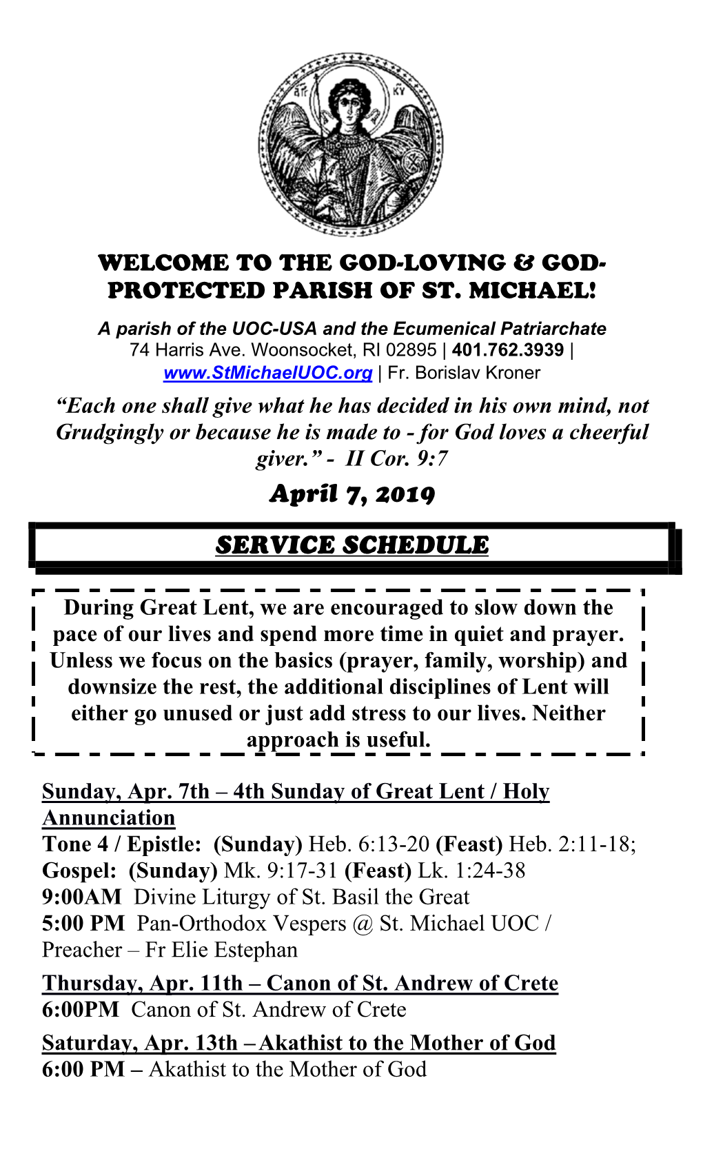 April 7, 2019 SERVICE SCHEDULE