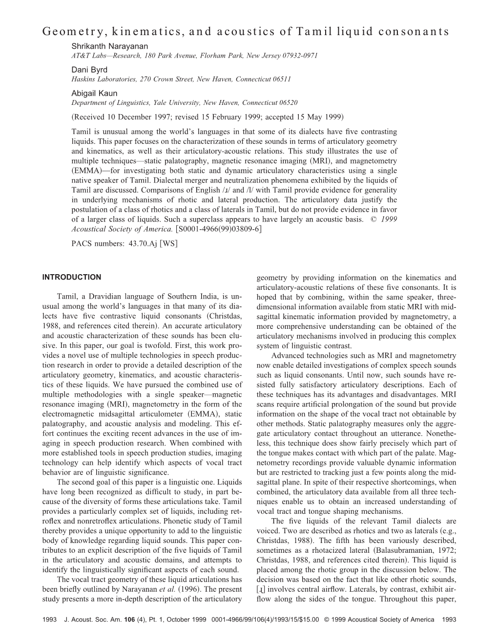 Geometry, Kinematics, and Acoustics of Tamil Liquid Consonants