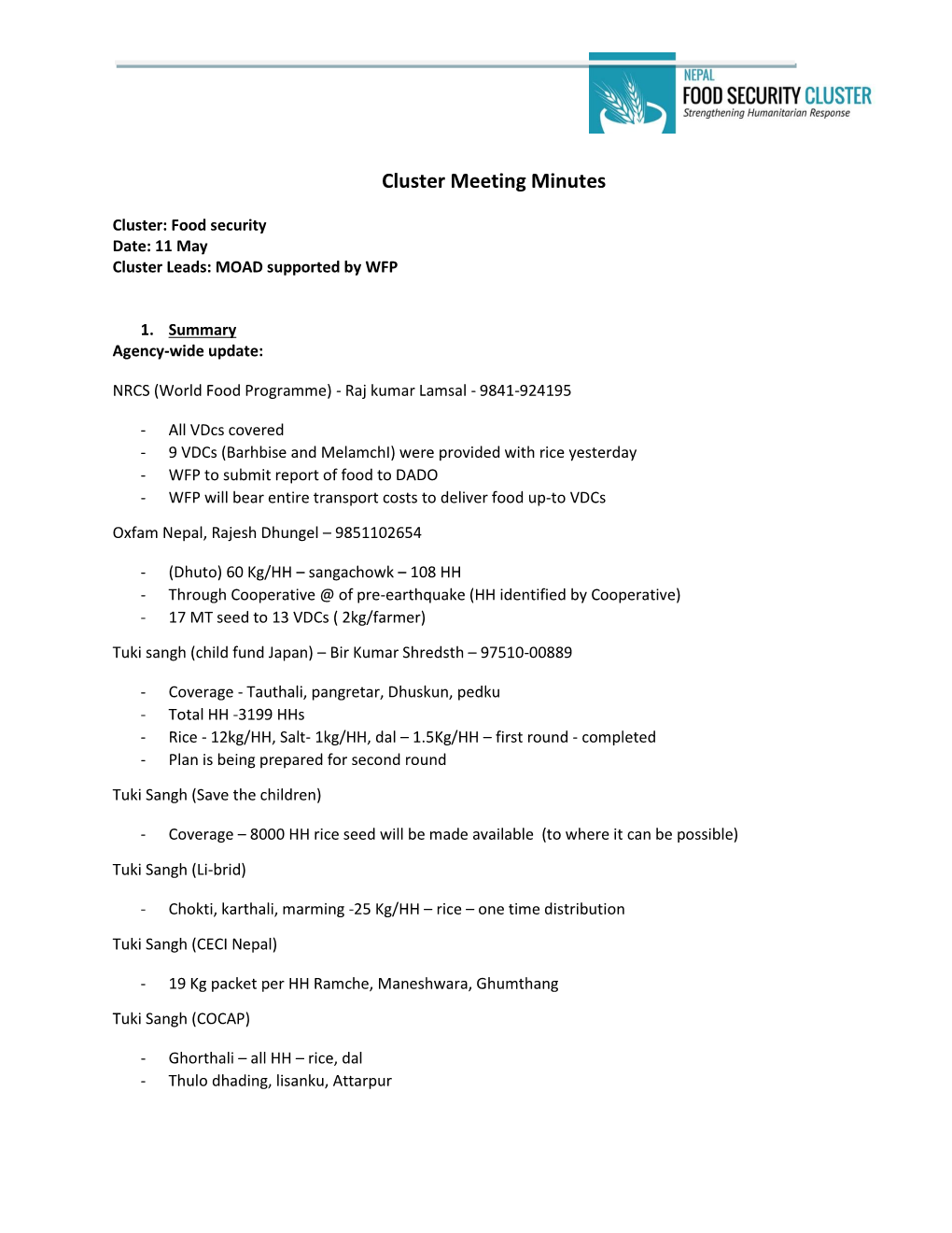 Cluster Meeting Minutes