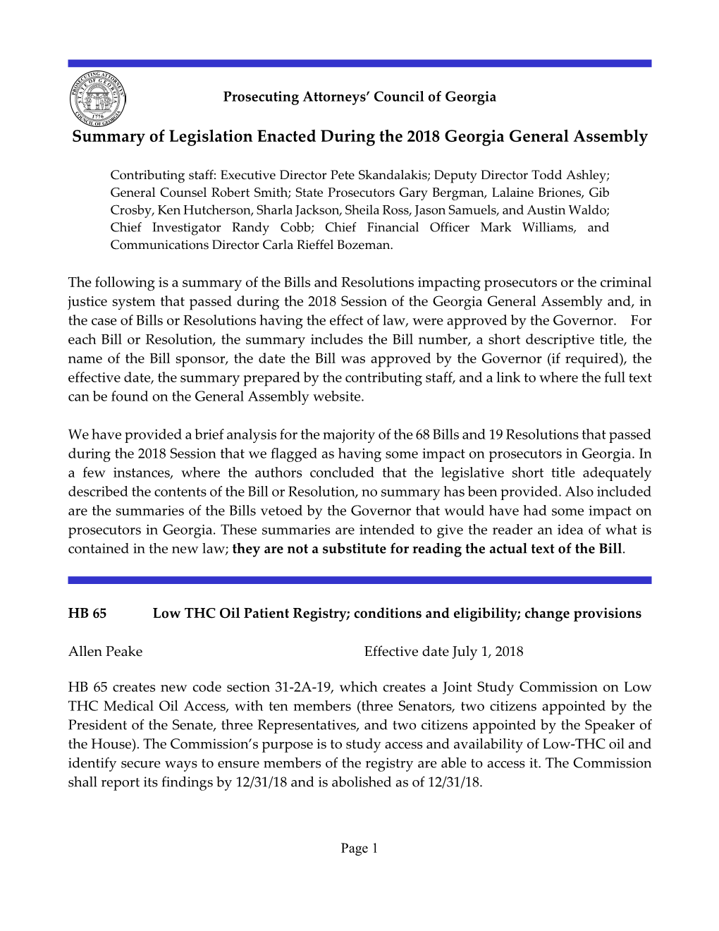 Summary of Legislation Enacted During the 2018 Georgia General Assembly