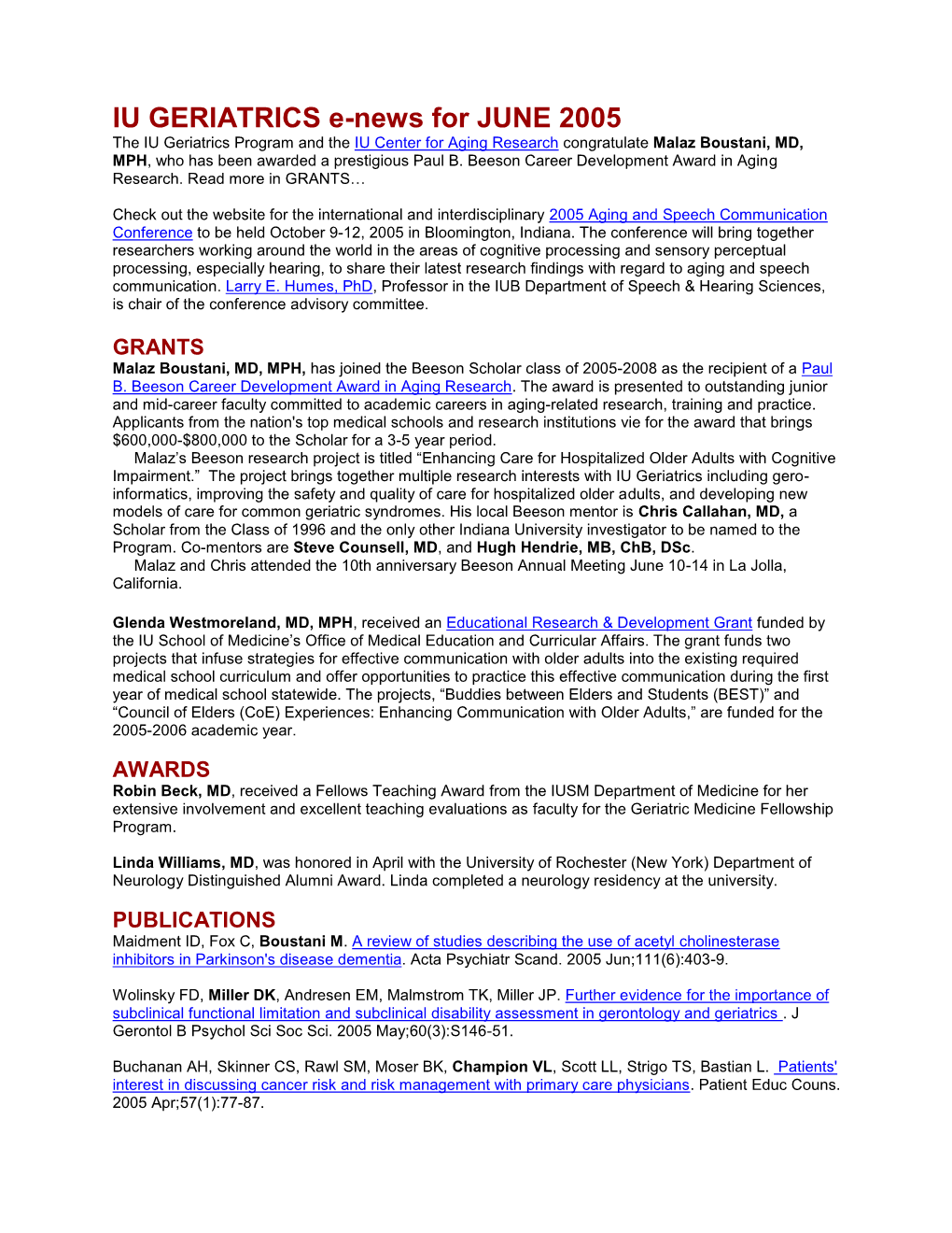 IU GERIATRICS E-News for JUNE 2005