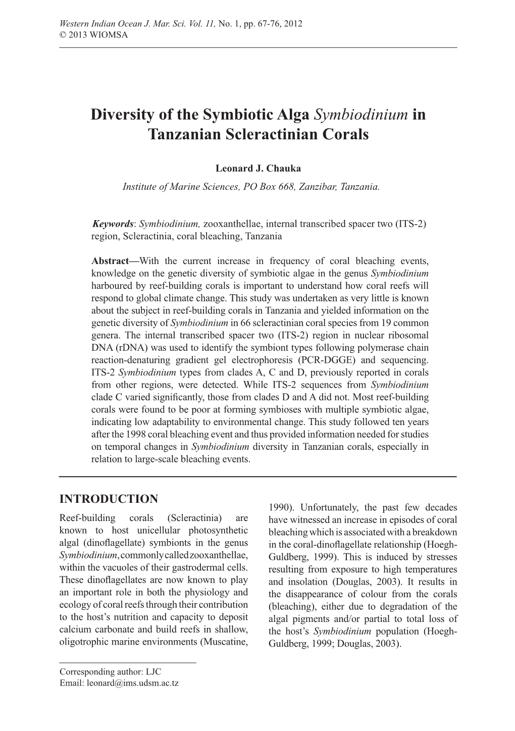 Diversity of the Symbiotic Alga Symbiodinium in Tanzanian Scleractinian Corals