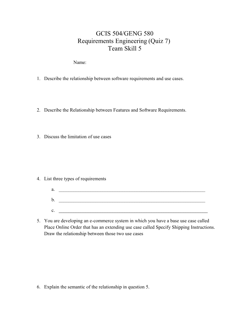 Requirements Engineering (Quiz 7)