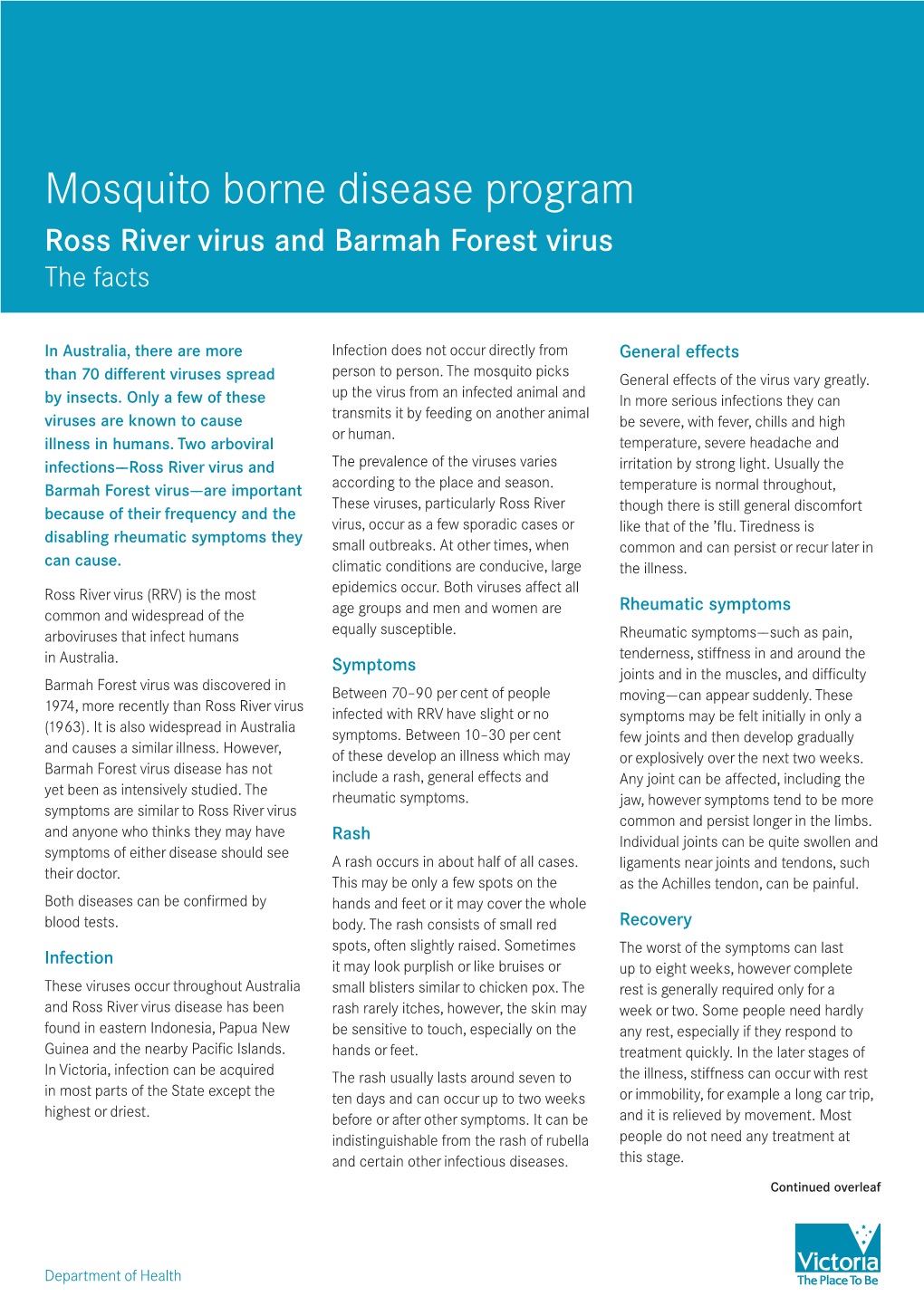 Mosquito Borne Disease Program Ross River Virus and Barmah Forest Virus the Facts