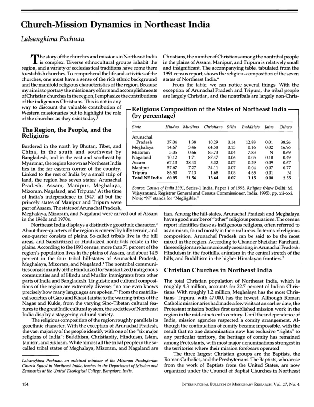 Church-Mission Dynamics in Northeast India Lalsangkima Pachuau