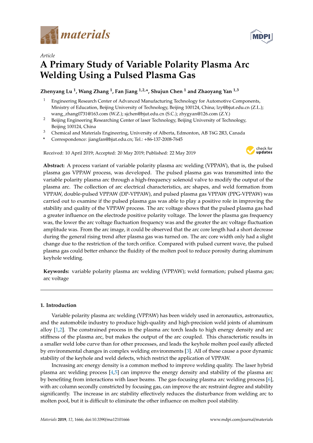 A Primary Study of Variable Polarity Plasma Arc Welding Using a Pulsed Plasma Gas