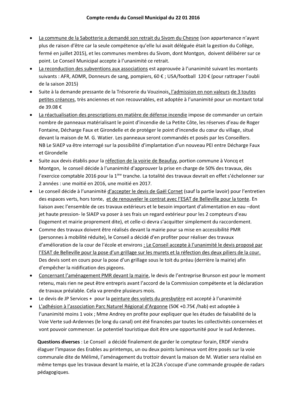 Compte-Rendu Du Conseil Municipal Du 22 01 2016 • La Commune De La