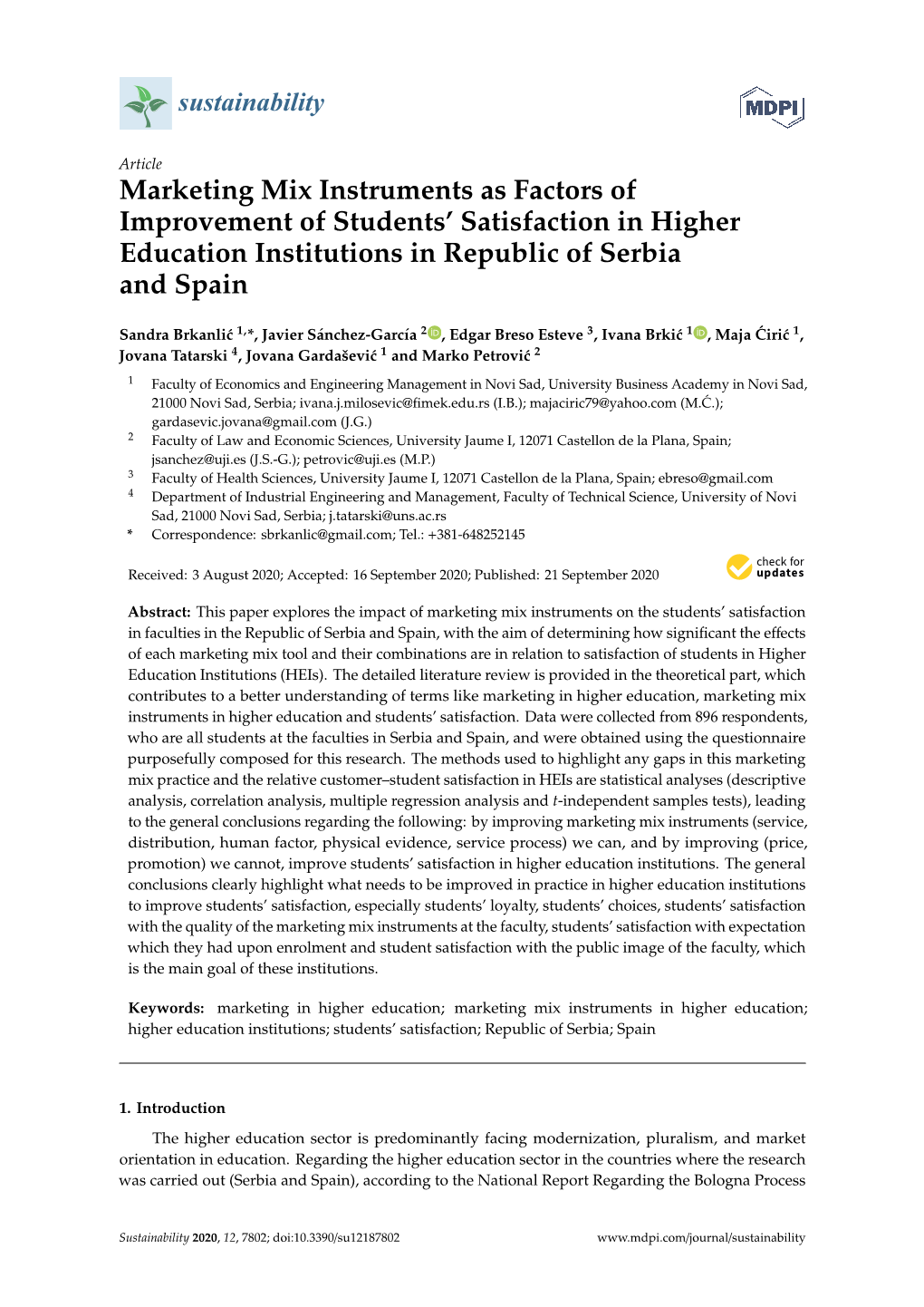 Marketing Mix Instruments As Factors of Improvement of Students’ Satisfaction in Higher Education Institutions in Republic of Serbia and Spain