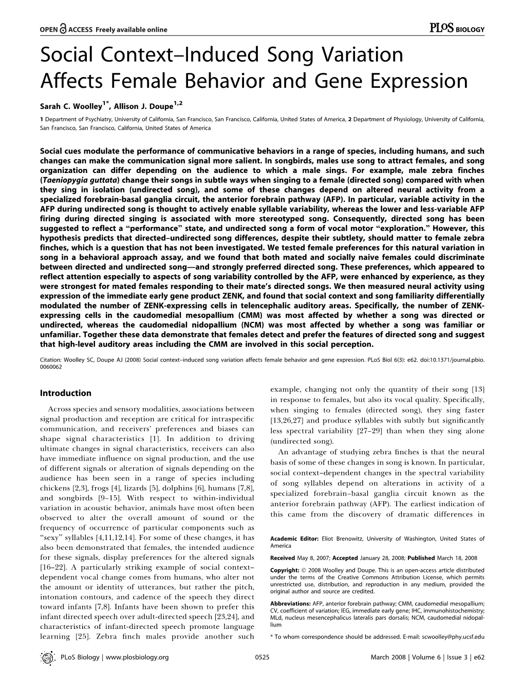 Social Context–Induced Song Variation Affects Female Behavior and Gene Expression