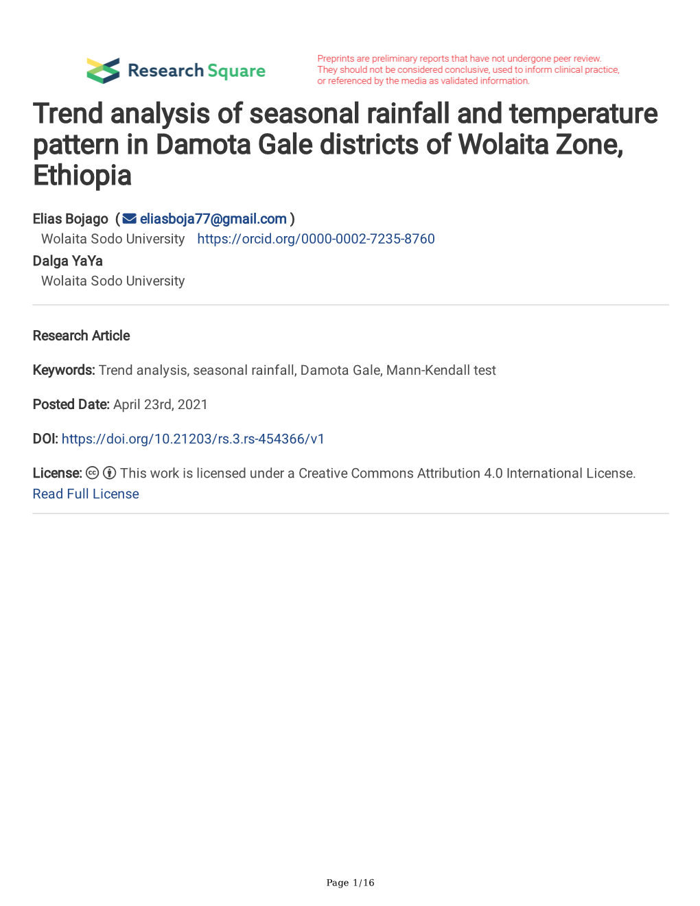 Trend Analysis of Seasonal Rainfall and Temperature Pattern in Damota Gale Districts of Wolaita Zone, Ethiopia