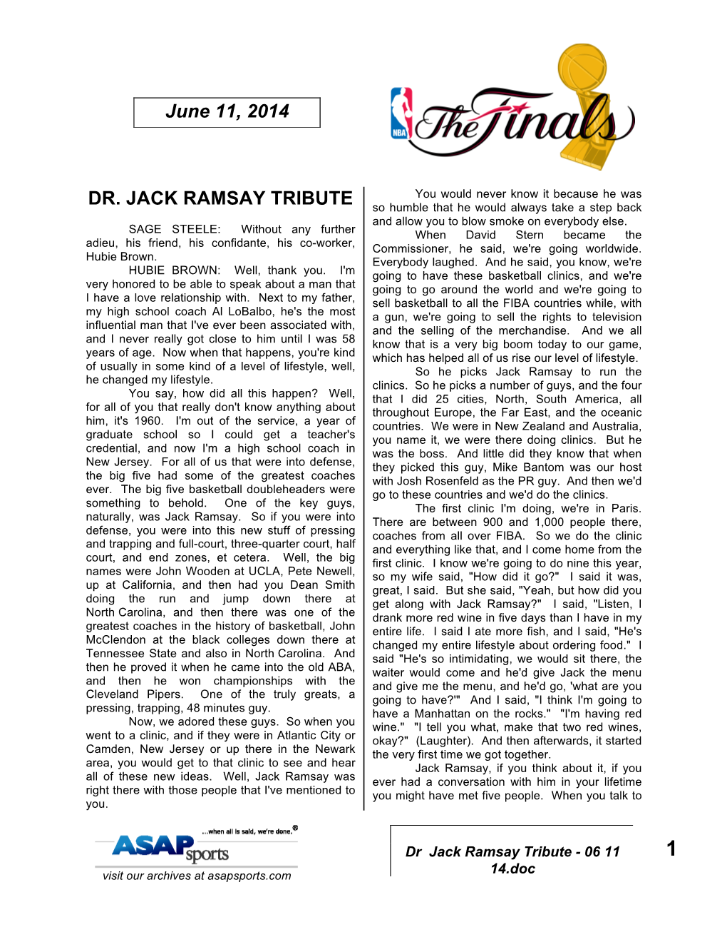 DR. JACK RAMSAY TRIBUTE June 11, 2014