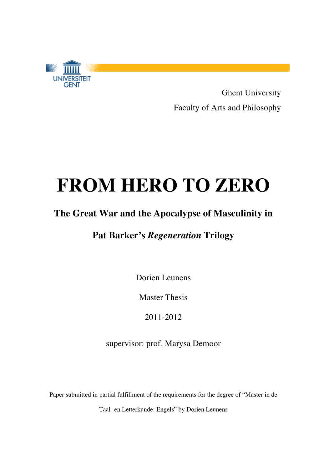 From Hero to Zero, the Great War and the Apocalypse of Masculinity