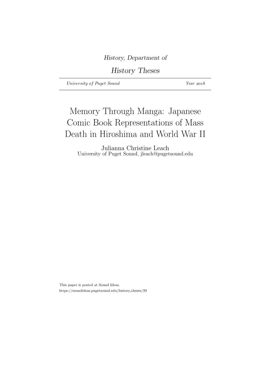 Memory Through Manga: Japanese Comic Book Representations of Mass Death in Hiroshima and World War II